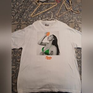 Bikini Girl White Graphic T-Shirt with Green and Orange Design